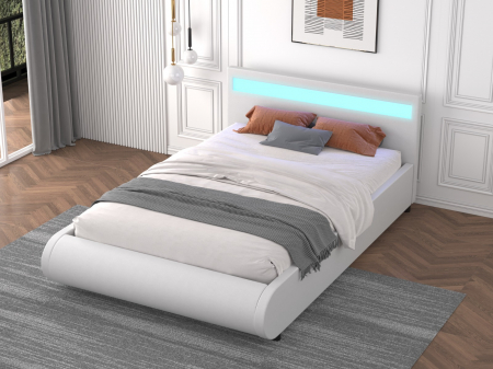 Pat A01 Tapitat Piele Ecologica 160x200cm, cu iluminare LED integrata, Alb, Saltea Ortopedica 20cm inclusa [1]