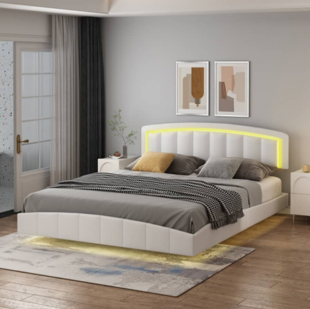 Pat B01 Tapitat Piele Ecologica 160x200cm, cu iluminare LED integrata, Alb [1]