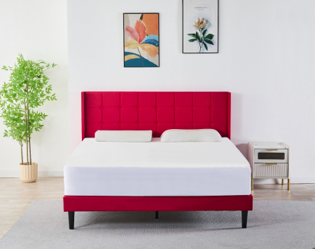 Paturi - Pat Barcelona Complet Tapitat Catifea, Culoare Rosu, 160x200cm, Saltea Ortopedica 20cm inclusa