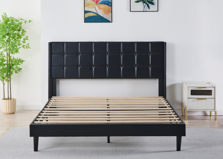 Paturi - Pat Barcelona Complet Tapitat Catifea, Culoare Negru, 160x200cm