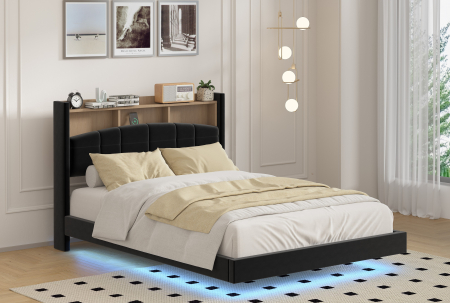 Paturi - Pat C01 Tapitat Catifea 160x200cm, cu iluminare LED integrata, Negru, Saltea Ortopedica 20cm inclusa