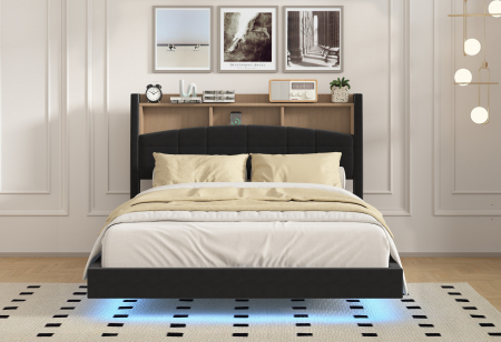 Pat C01 Tapitat Catifea 160x200cm, cu iluminare LED integrata, Negru, Saltea Ortopedica 20cm inclusa [1]