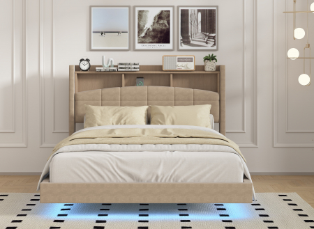 Paturi - Pat C01 Tapitat Catifea 160x200cm, cu iluminare LED integrata, Maro, Saltea Ortopedica 20cm inclusa