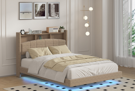 Pat C01 Tapitat Catifea 160x200cm, cu iluminare LED integrata, Maro, Saltea Ortopedica 20cm inclusa [2]