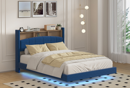 Paturi - Pat C01 Tapitat Catifea 160x200cm, cu iluminare LED integrata, Albastru, Saltea Ortopedica 20cm inclusa