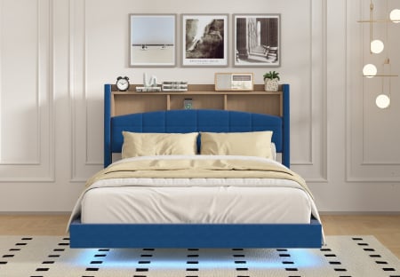 Pat C01 Tapitat Catifea 160x200cm, cu iluminare LED integrata, Albastru, Saltea Ortopedica 20cm inclusa [1]