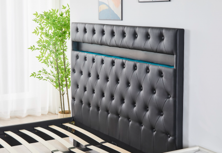 Pat Tapițat Catifea cu Iluminare LED, Somieră si Saltea Inclusă – Negru 160x200 cm | Cod FB-18 [2]