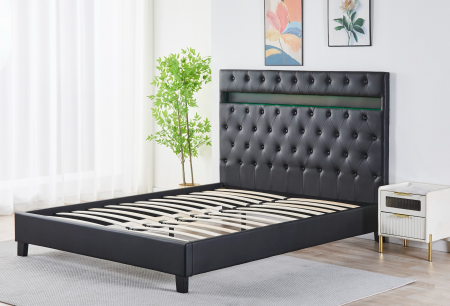 Paturi - Pat Tapițat Catifea cu Iluminare LED, Somieră si Saltea Inclusă – Negru 160x200 cm | Cod FB-18