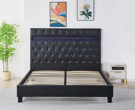 Pat Tapițat Catifea cu Iluminare LED, Somieră si Saltea Inclusă – Negru 160x200 cm | Cod FB-18 [3]