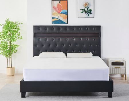 Pat Tapițat Catifea cu Iluminare LED, Somieră si Saltea Inclusă – Negru 160x200 cm | Cod FB-18 [1]