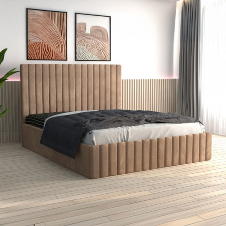 Paturi - Pat Luca Tapițat din Catifea Crem cu Saltea 180x200 cm 20cm grosime