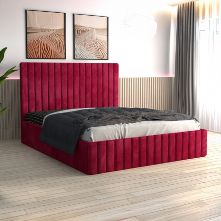 Paturi - Pat Luca Tapițat din Catifea Rosu cu Saltea 160x200 cm 20cm grosime