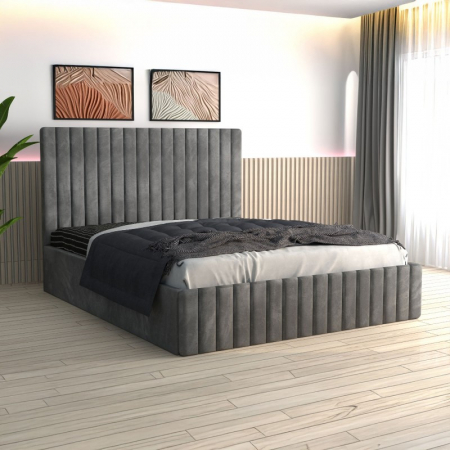 Paturi - Pat Luca Tapițat din Catifea Gri cu Saltea 140x200 cm 20cm grosime