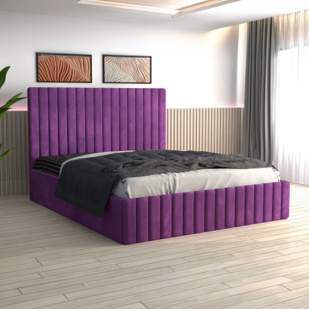 Paturi - Pat Luca Tapițat din Catifea Mov cu Saltea 140x200 cm 20cm grosime