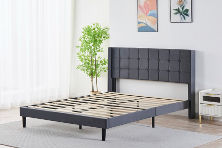 Paturi - Pat Barcelona Complet Tapitat Catifea, Culoare Gri Inchis, 160x200cm