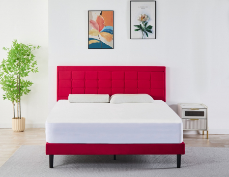 Paturi - Pat Malaga Complet Tapitat Catifea, Culoare Rosu, 160x200cm, Saltea Ortopedica 20cm inclusa