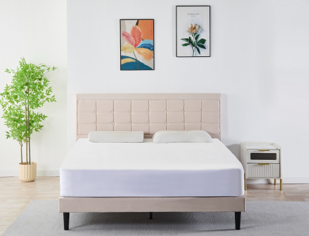 Paturi - Pat Malaga Complet Tapitat Catifea, Culoare Bej, 160x200cm, Saltea Ortopedica 20cm inclusa