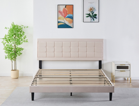 Pat Malaga Complet Tapitat Catifea, Culoare Bej, 160x200cm, Saltea Ortopedica 20cm inclusa [2]