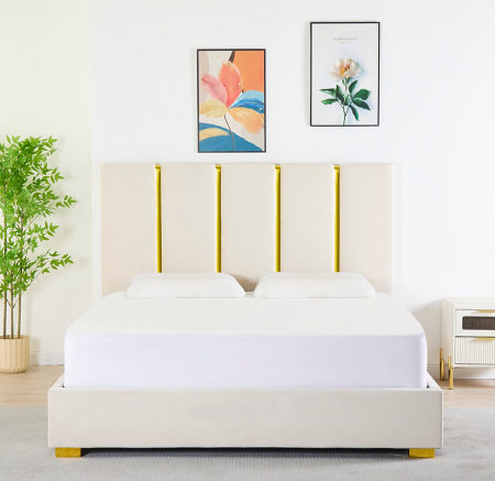 Pat Tapițat Catifea Bej 160x200 cm cu Somieră si Saltea  Inclusă – Cod LB-214 [3]