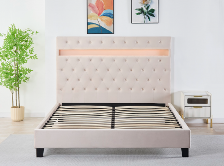 Pat Tapițat Catifea cu Iluminare LED, Somieră si Saltea Inclusă – Bej 160x200 cm | Cod FB-18 [3]
