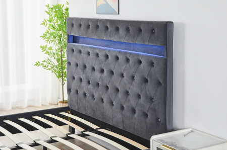Pat Tapițat Catifea cu Iluminare LED, Somieră si Saltea Inclusă – Gri 160x200 cm | Cod FB-18 [2]
