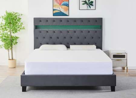 Pat Tapițat Catifea cu Iluminare LED, Somieră si Saltea Inclusă – Gri 160x200 cm | Cod FB-18 [1]
