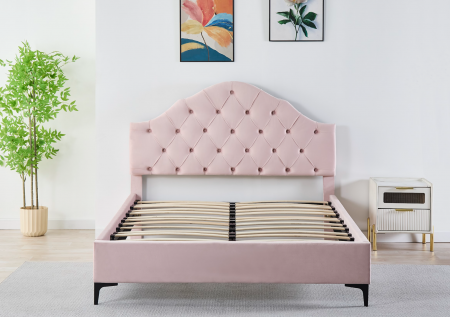 Pat Tapițat Catifea Roz 140x200 cm cu Somieră si Saltea Inclusă – Cod FB-227 [3]