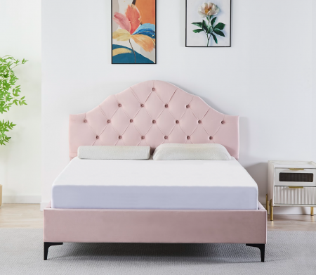 Paturi - Pat Tapițat Catifea Roz 140x200 cm cu Somieră si Saltea Inclusă – Cod FB-227