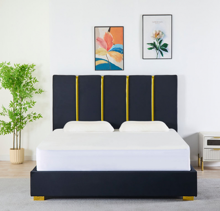 Pat Tapițat Catifea Negru 160x200 cm cu Somieră si Saltea  Inclusă – Cod LB-214 [4]