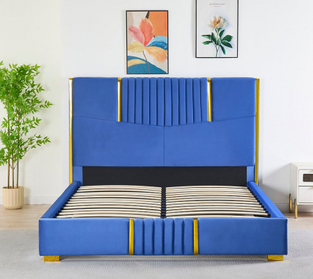 Pat Tapițat din Catifea Albastră cu Somieră si Saltea – 160x200 cm, Cod LB-215 [1]