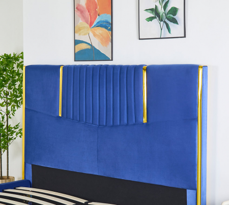 Pat Tapițat din Catifea Albastră cu Somieră si Saltea – 160x200 cm, Cod LB-215 [3]