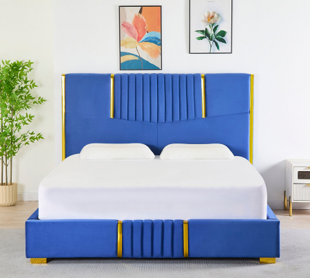 Paturi - Pat Tapițat din Catifea Albastră cu Somieră si Saltea – 160x200 cm, Cod LB-215