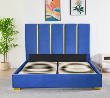 Pat Tapițat Catifea Albastru 160x200 cm cu Somieră si Saltea  Inclusă – Cod LB-214 [1]