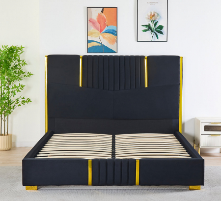 Pat Tapițat din Catifea Negru cu Somieră si Saltea – 160x200 cm, Cod LB-215 [2]