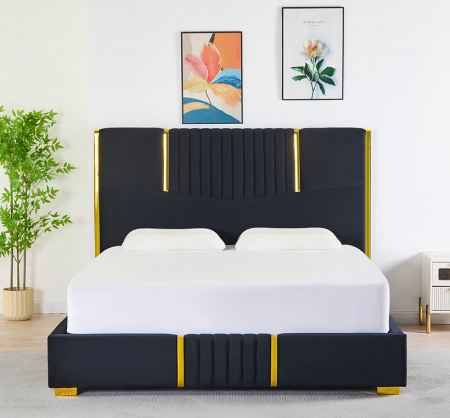 Paturi - Pat Tapițat din Catifea Negru cu Somieră si Saltea – 160x200 cm, Cod LB-215