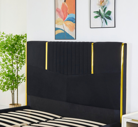 Pat Tapițat din Catifea Negru cu Somieră si Saltea – 160x200 cm, Cod LB-215 [3]