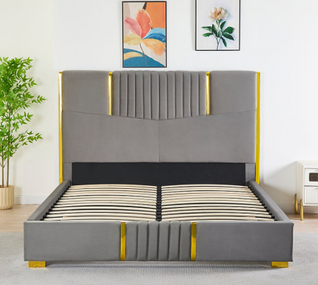 Pat Tapițat din Catifea Gri cu Somieră si Saltea – 160x200 cm, Cod LB-215 [1]