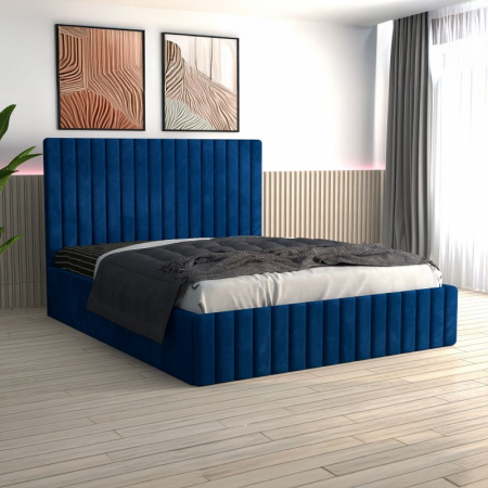 Paturi - Pat Luca Tapițat din Catifea Albastru cu Saltea 180x200 cm 20cm grosime