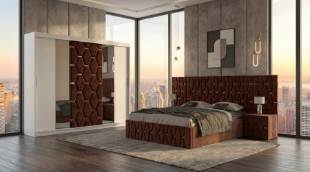 Mobila Dormitor - Set Mobila De Dormitor Berlin Maro, pat tapitat Maro 180x200cm, dulap tapitat 250cm, 2 noptiere si saltea 180x200cm