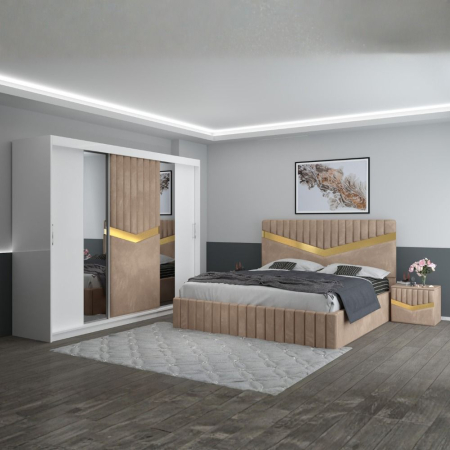 Mobila Dormitor - Set Mobila De Dormitor Royal Crem, pat tapitat Crem 180x200cm, dulap tapitat 250cm, 2 noptiere si saltea 180x200cm