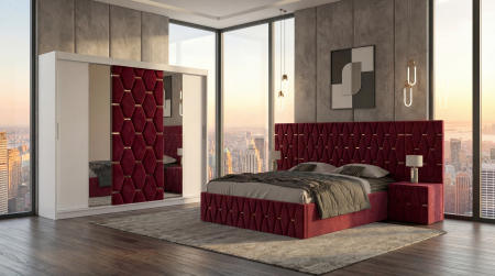Mobila Dormitor - Set Mobila De Dormitor Berlin Rosu, pat tapitat Rosu 180x200cm, dulap tapitat 250cm, 2 noptiere si saltea 180x200cm