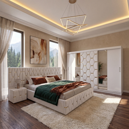 Mobila Dormitor - Set Mobila De Dormitor Berlin Alb, pat tapitat Alb 180x200cm, dulap tapitat 250cm, 2 noptiere si saltea 180x200cm