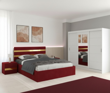 Mobila Dormitor - Set Mobila De Dormitor Clio Rosu 250cm, pat tapitat 160x200cm, dulap alb 250cm, 2 noptiere tapitate si saltea 160x200cm 