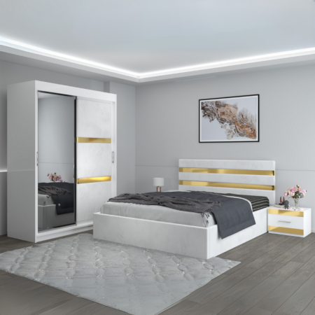 Mobila Dormitor - Set Mobila De Dormitor Clio Alb, pat tapitat Alb 160x200cm, dulap tapitat 150cm, 2 noptiere si saltea 160x200cm