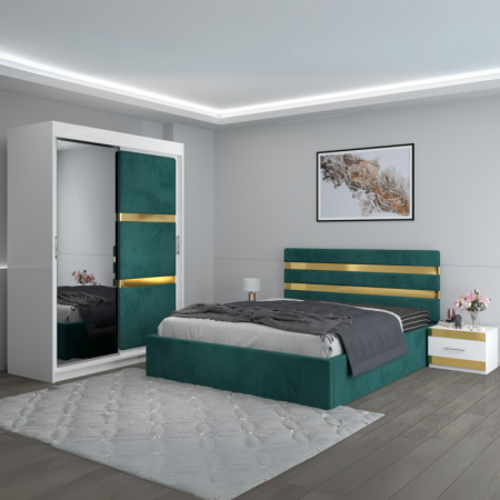 Mobila Dormitor - Set Mobila De Dormitor Clio Verde, pat tapitat Verde 160x200cm, dulap tapitat 150cm, 2 noptiere si saltea 160x200cm