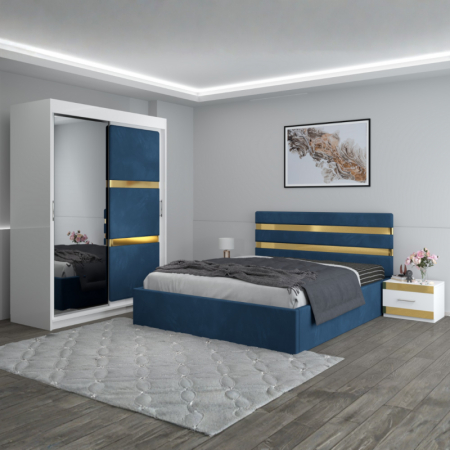Mobila Dormitor - Set Mobila De Dormitor Clio Albastru, pat tapitat Albastru 160x200cm, dulap tapitat 150cm, 2 noptiere si saltea 160x200cm