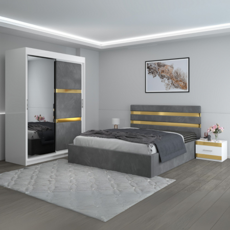 Mobila Dormitor - Set Mobila De Dormitor Clio Gri, pat tapitat Gri 160x200cm, dulap tapitat 150cm, 2 noptiere si saltea 160x200cm