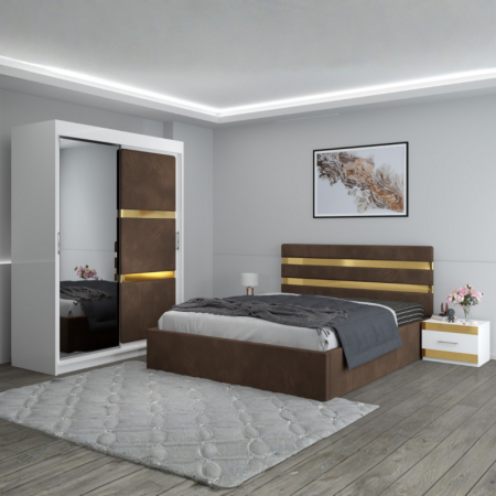 Mobila Dormitor - Set Mobila De Dormitor Clio Maro, pat tapitat Maro 160x200cm, dulap tapitat 150cm, 2 noptiere si saltea 160x200cm