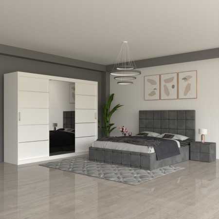 Mobila Dormitor - Set Mobila De Dormitor COD03 Alb/Gri, pat tapitat 160x200cm, dulap 250cm, 2 noptiere si saltea 160x200cm