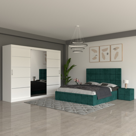 Mobila Dormitor - Set Mobila De Dormitor COD03 Alb/Verde, pat tapitat 160x200cm, dulap 250cm, 2 noptiere si saltea 160x200cm